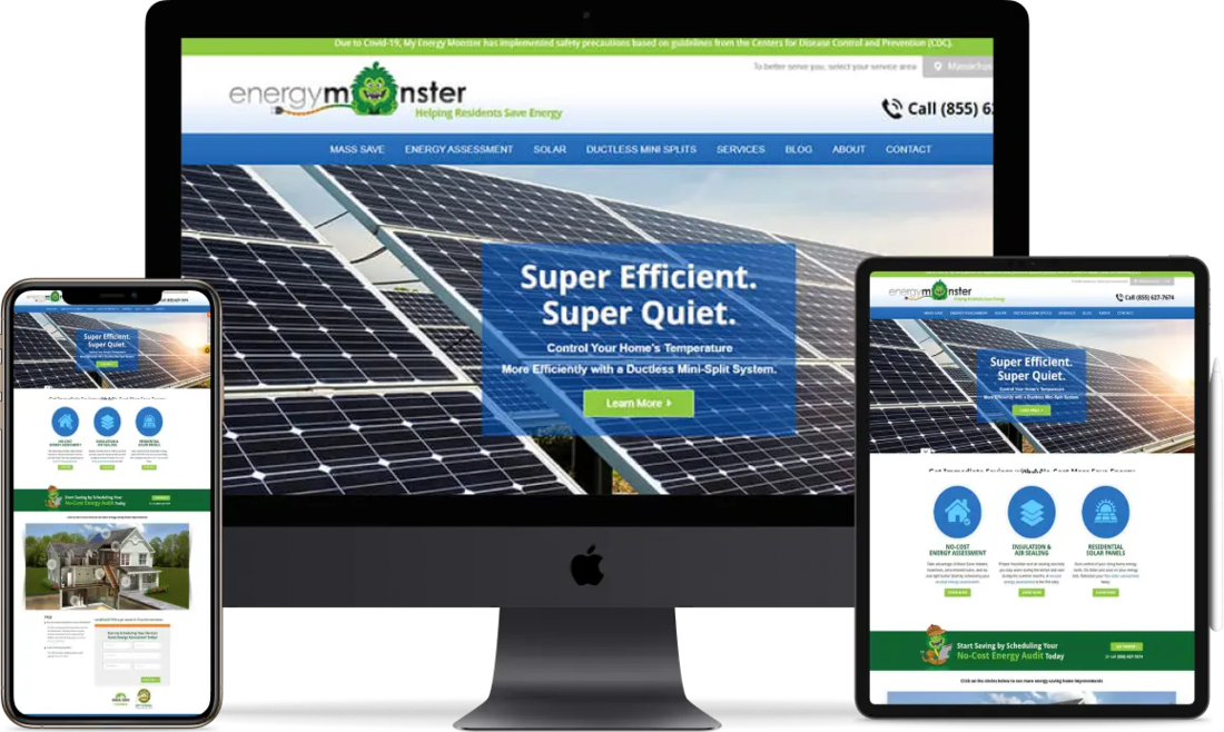 Energy Monster website shown on laptop, tablet and phone screens