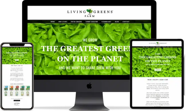 Living Greens Farm website shown on desktop and mobile devices