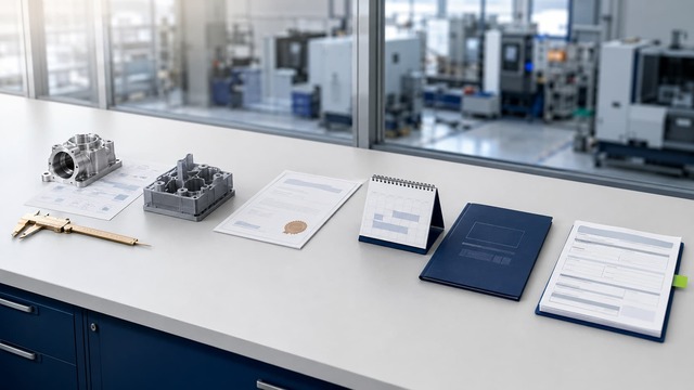 Machined metal parts, a certification, a lead-time calendar and an RFQ form on a bench overlooking a CNC shop floor.