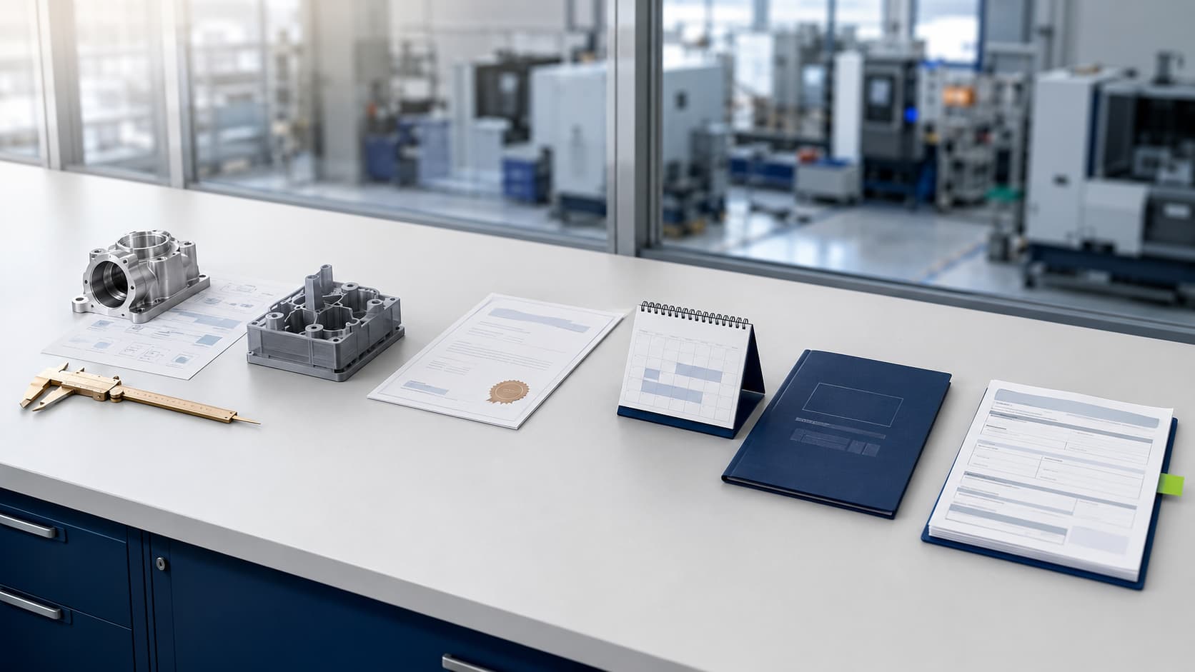 Machined metal parts, a certification, a lead-time calendar and an RFQ form on a bench overlooking a CNC shop floor.