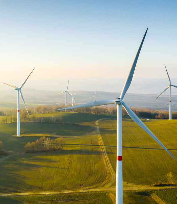 Wind turbines at a wind energy plant