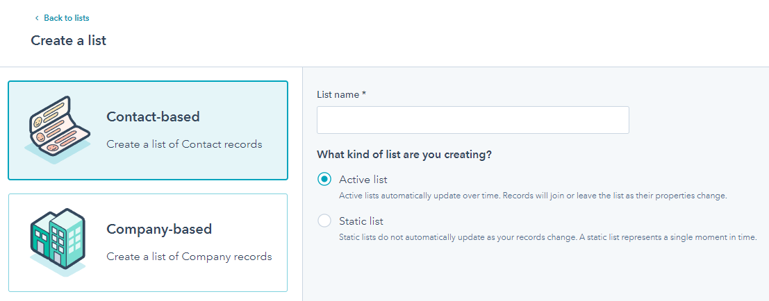 creating lists in hubspot